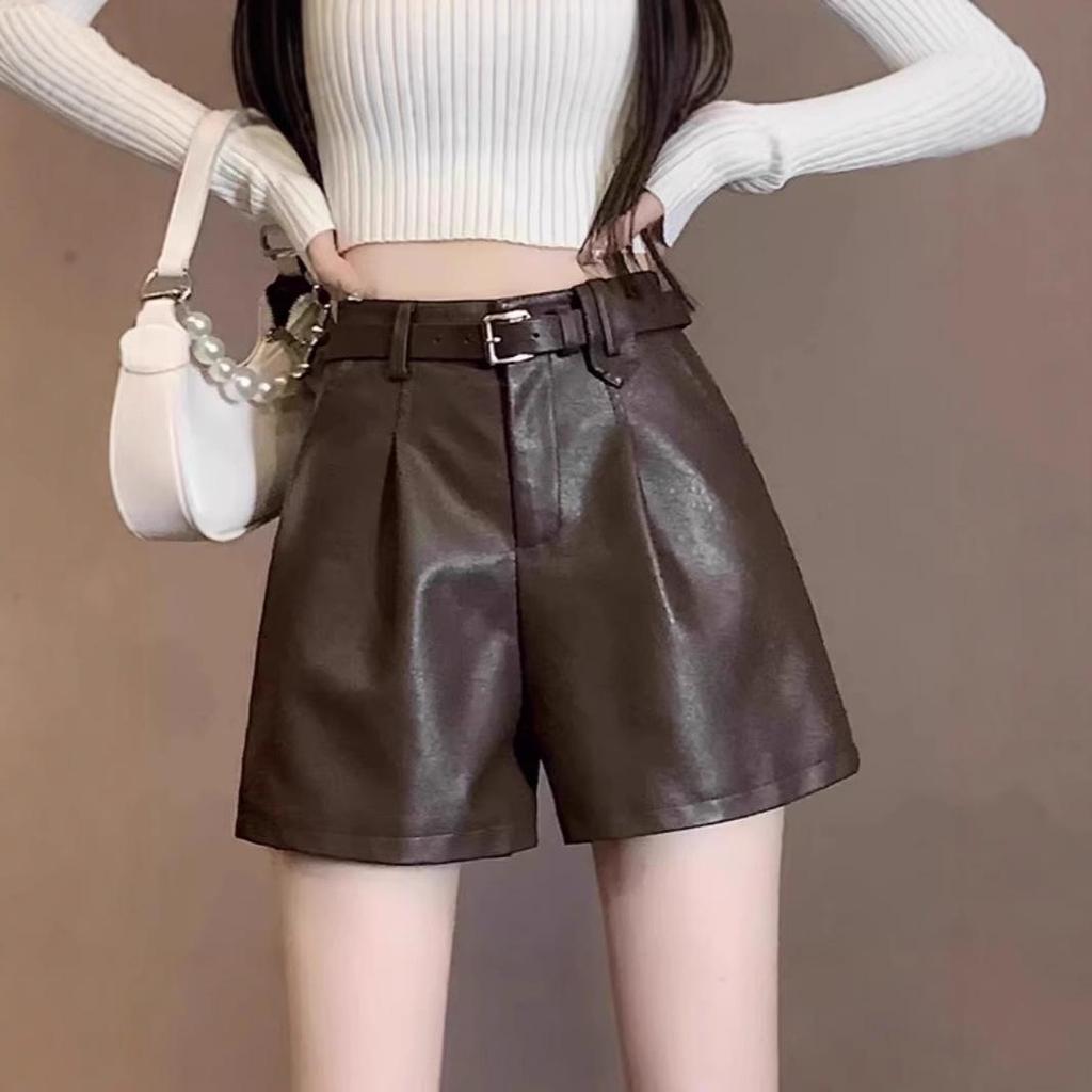 2024 A/W Women's High Waist Black PU Leather A-Line Booty Shorts: Wide-Leg, Casual, Slimming