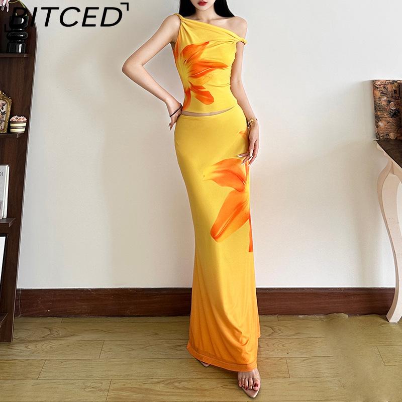 

BITCED Весенний женский однотонный облегающий топ на бретелях-спагетти с модной юбкой-карандаш с завышенной талией L жёлтый