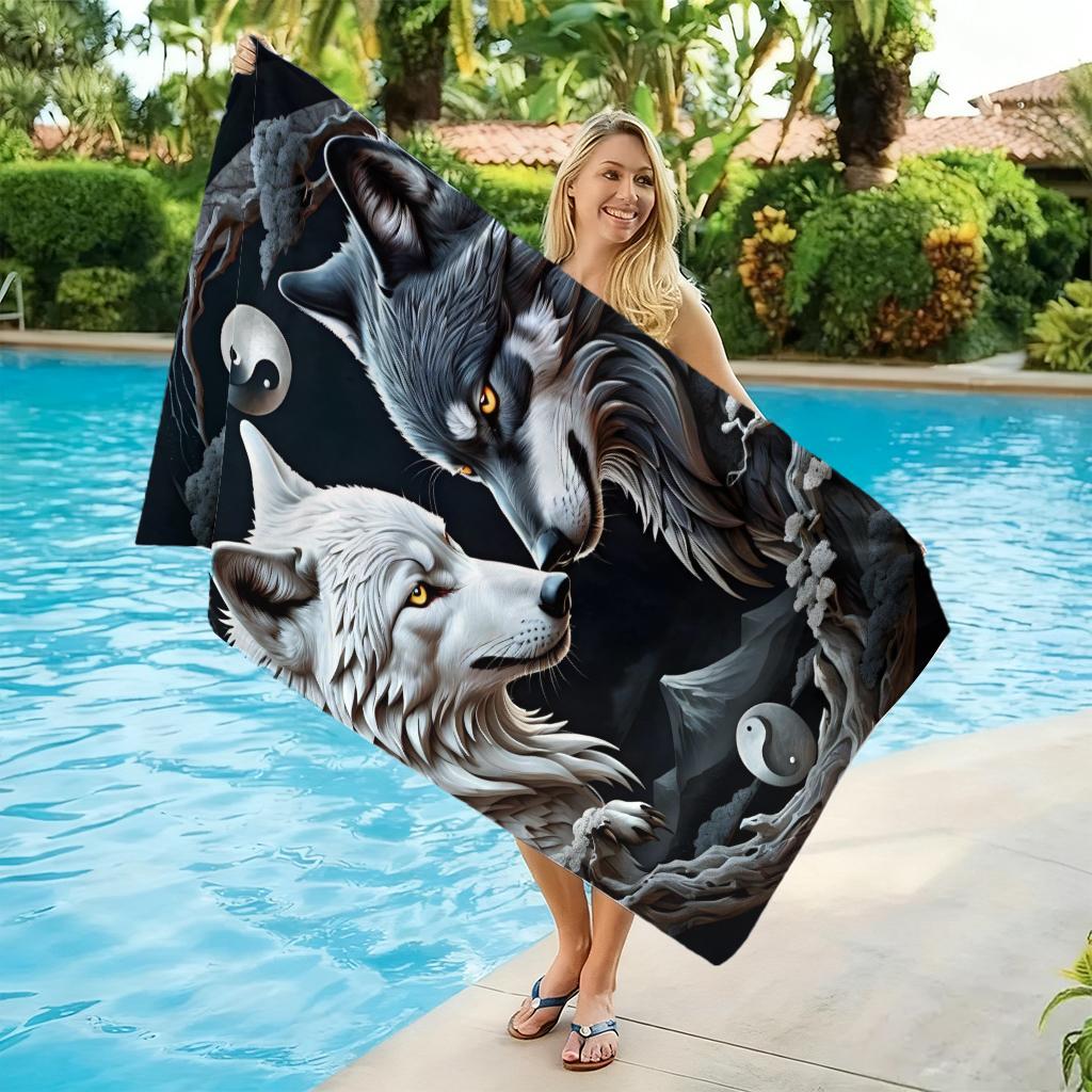 1PC Doble Lobo Tai Chi Toalla de Playa Toalla de Secado Rápido Adecuada para Playa Piscina Camping Vacaciones Yoga Para Familia Amigos