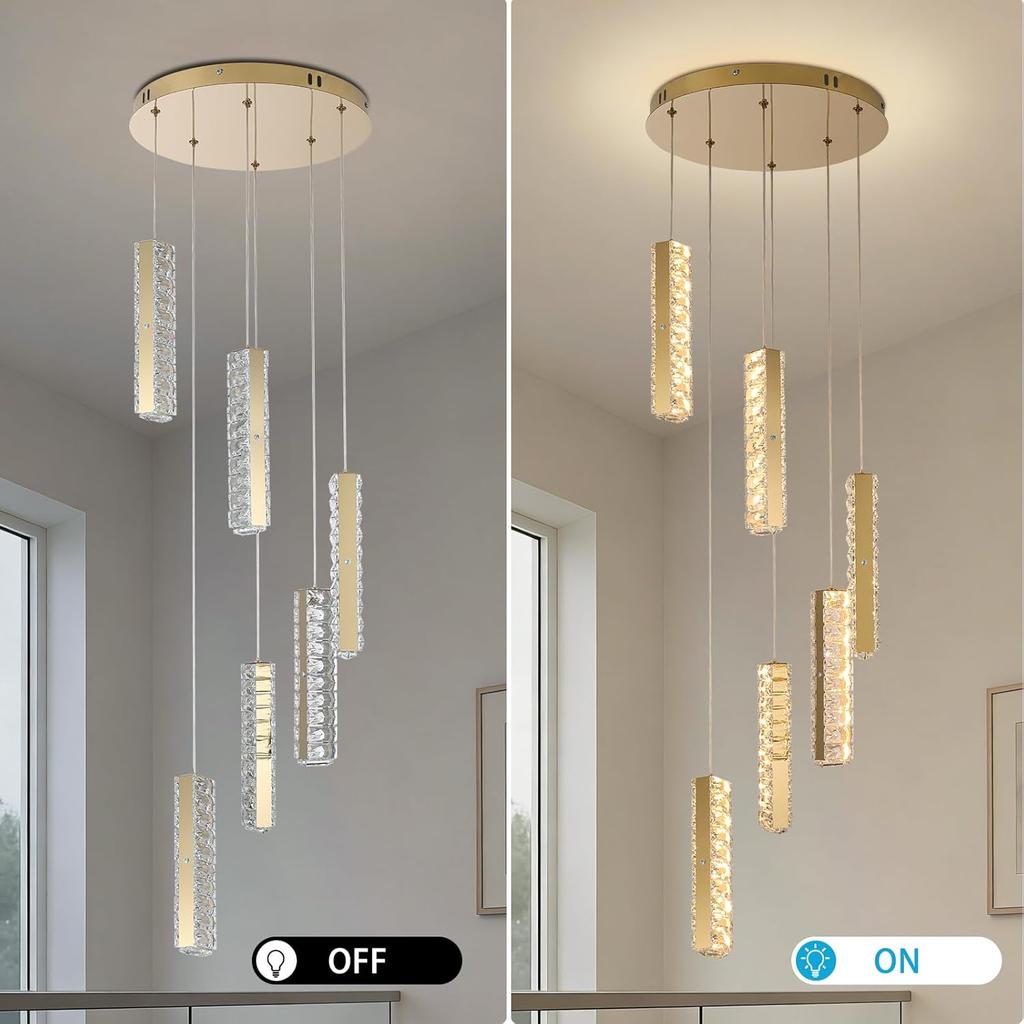 Modern Crystal Chandelier for Staircase, Multi-Light Long Chandelier, Dimmable & Height Adjustable for High Ceiling Living Room