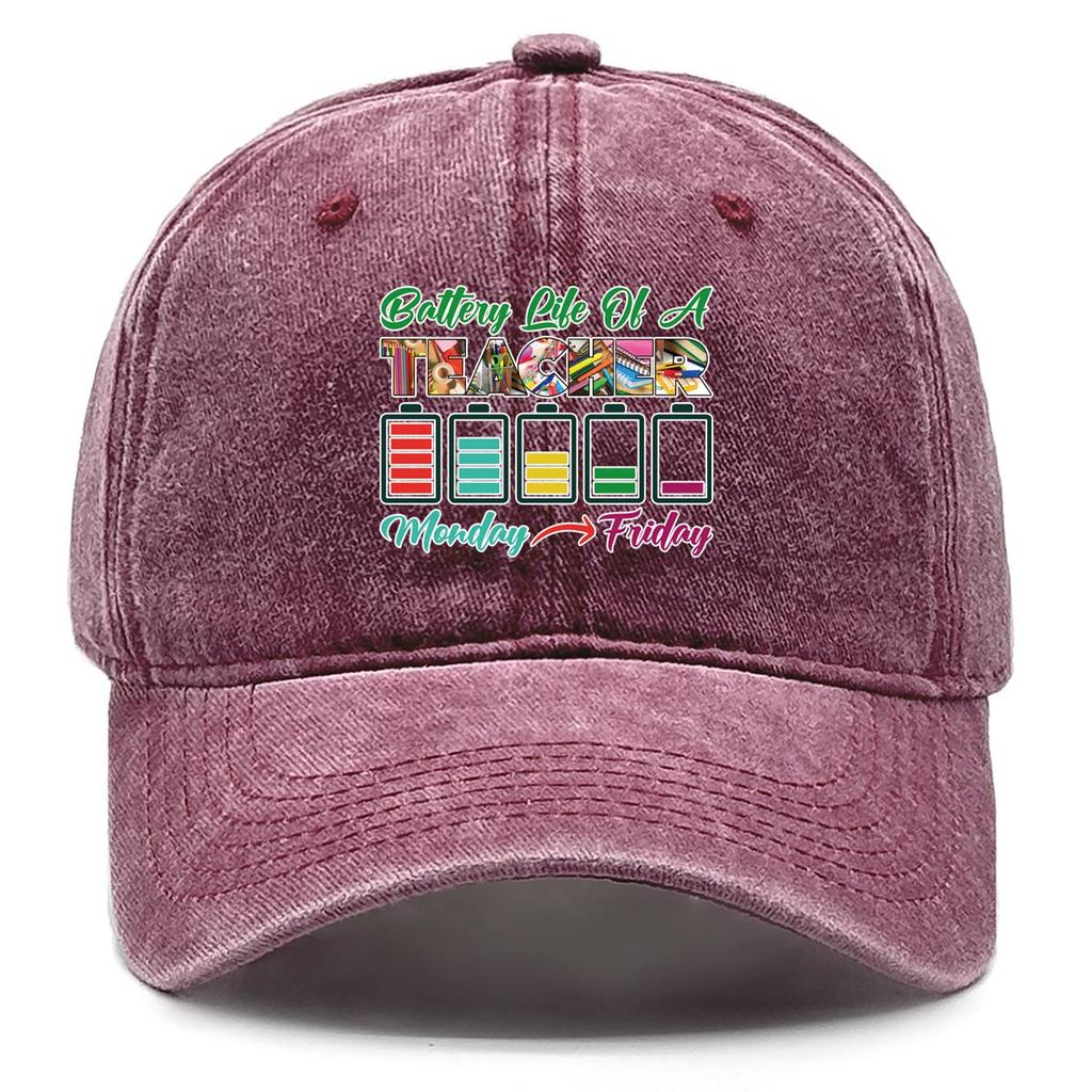 Battery Life Of A TEACHER" Print Adjustable Sun Hat, "Monday-Friday" Flat Cap Retro Non-Stretch Fabric Unisex Breathable Snapback Baseball Hat
