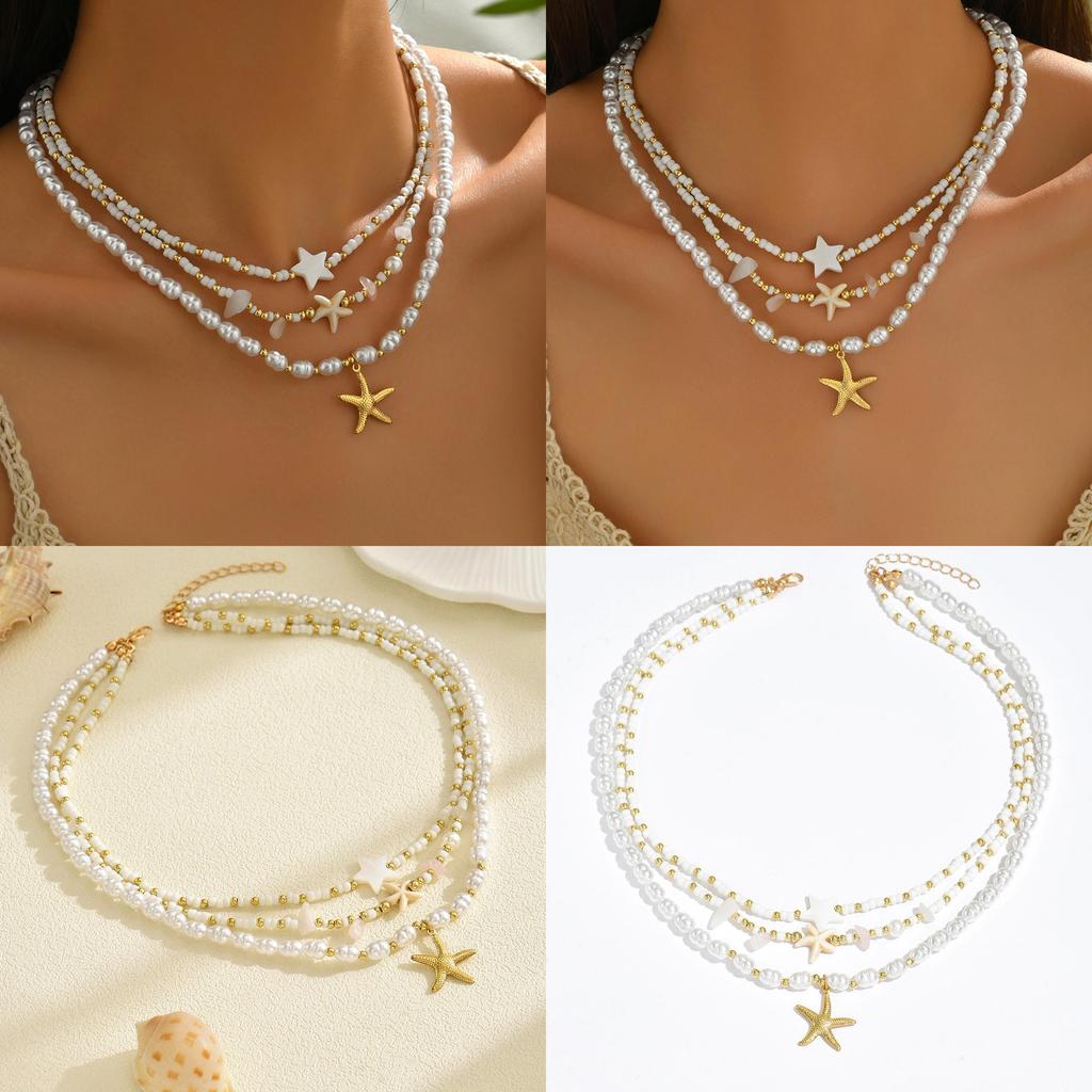 Star Pearl Pendant Necklace With Multi Layer Chain For Women And Men