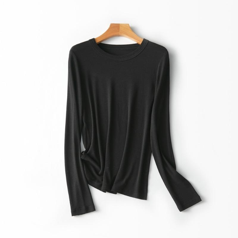 

Slack Tencel wool slim round neck knitted T-shirt women s summer thin loose inner solid color pullover base S чёрный