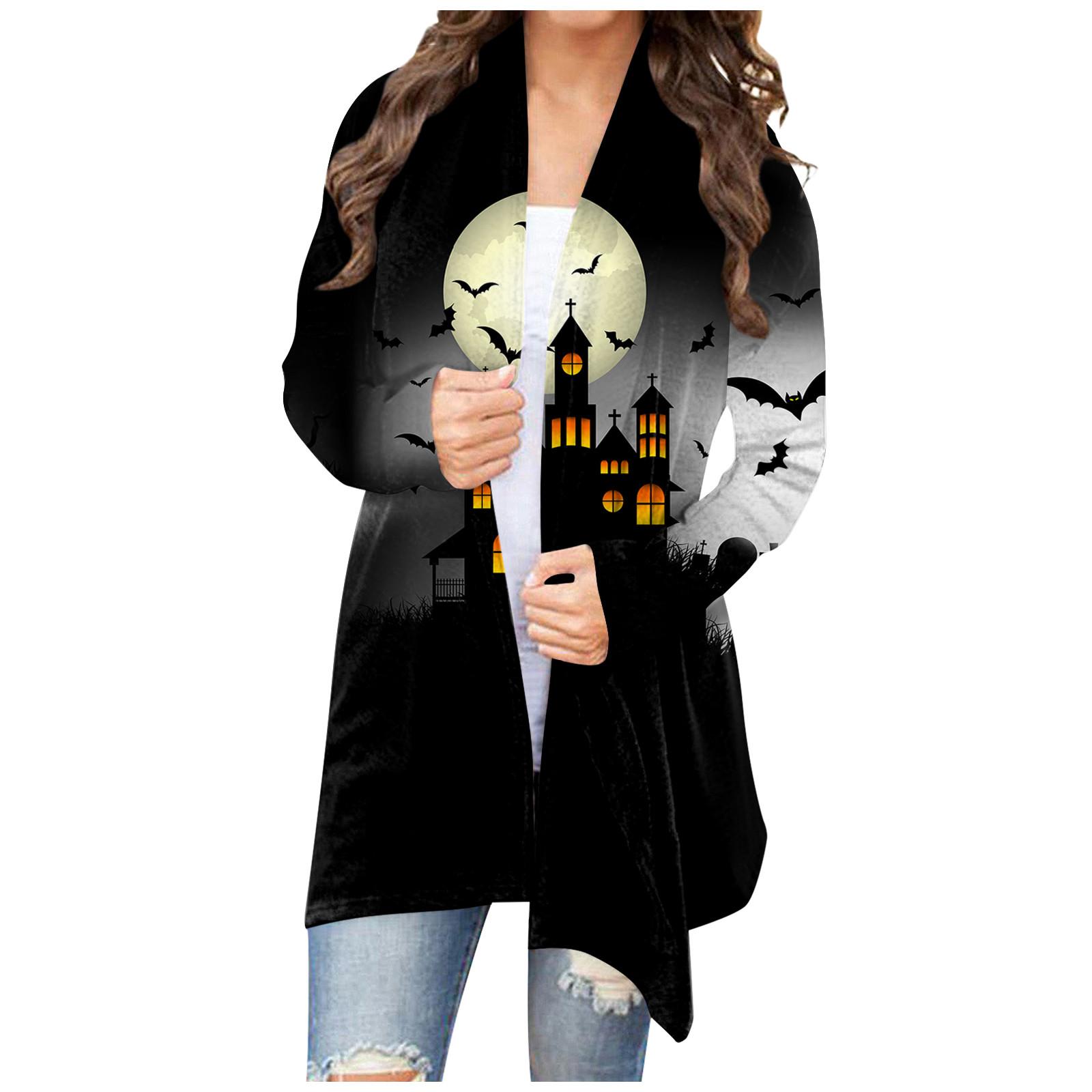 

Женская мода, повседневный кардиган с цветочным принтом на Хэллоуин, куртка средней длины, пальто XXXXL чёрный