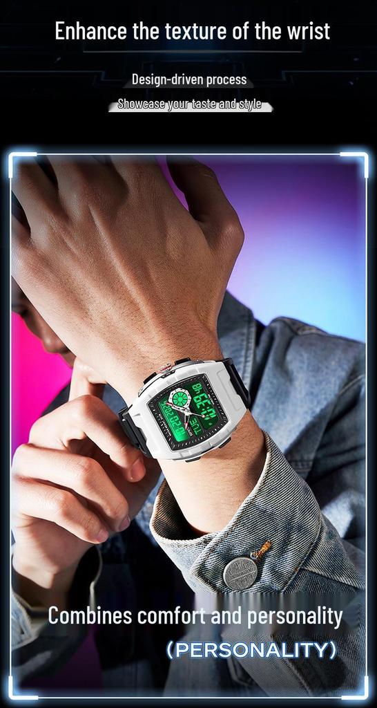 SANDA Barrel-Shaped Men's Watch: Dual Display, 50M Waterproof, Luminous, World Time, Stylish & Versatile