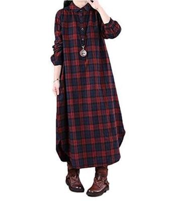 Four Leaf Long Long Check Pattern Women's Dress, Cute, Spring, Autumn, Winter, Elegant, Sleeves, Collared, Length, Figure-Flattering, (2XL, Red)