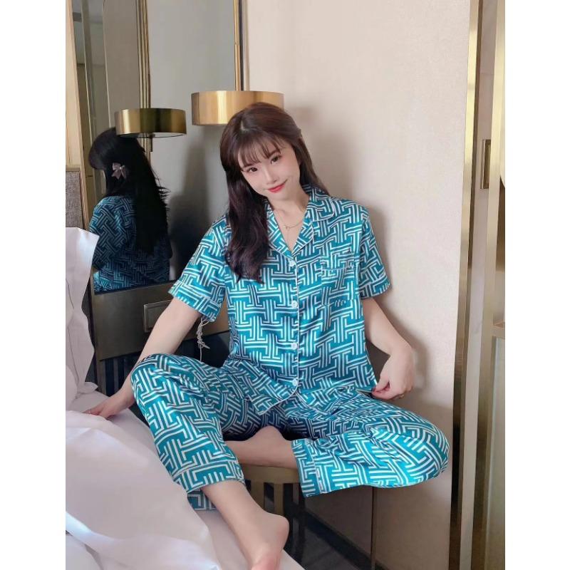 2Pcs/set Women's Pajamas Autumn and Winter Silk Cardigan Printing Loose Short-sleeved Trousers College Students Homew