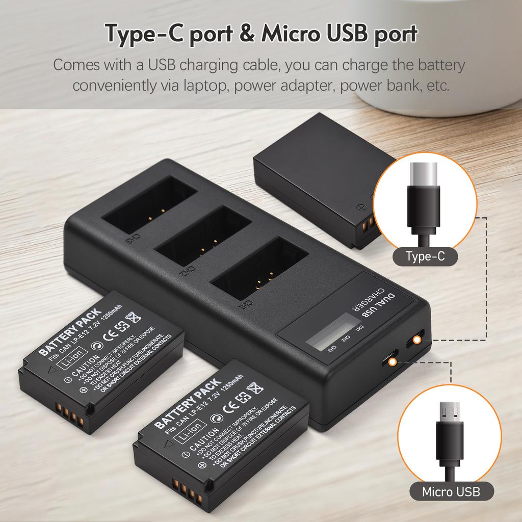 LP-E12 Battery Charger 3-Slot Charger with LED Indicators Micro USB & Type C Port + 3pcs LP-E12