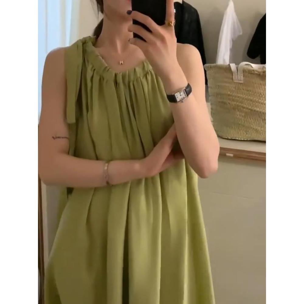 Loose and Thin Resort Style Casual Sleeveless Dress Mustard Green Vest Skirt Fashion Girl