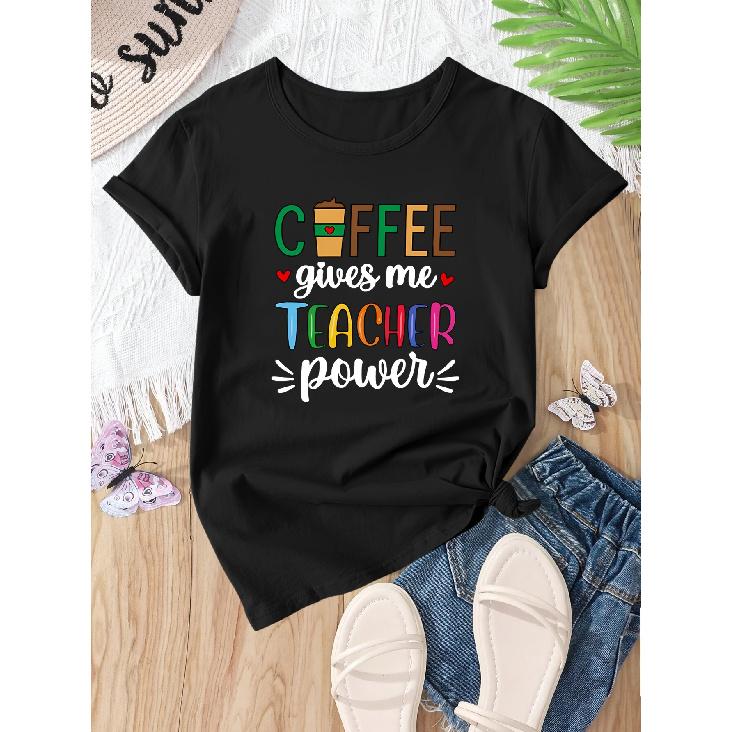 Teacher s coffee print pattern casual loose short-sleeve summer shirt T Shirt S чёрный