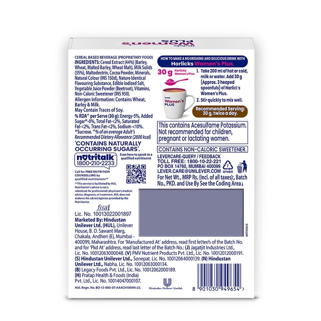 Horlicks Women's Plus Chocolate Health Drink 400g Refill Pack for Strong Bones With Calcium Vitamin D K2