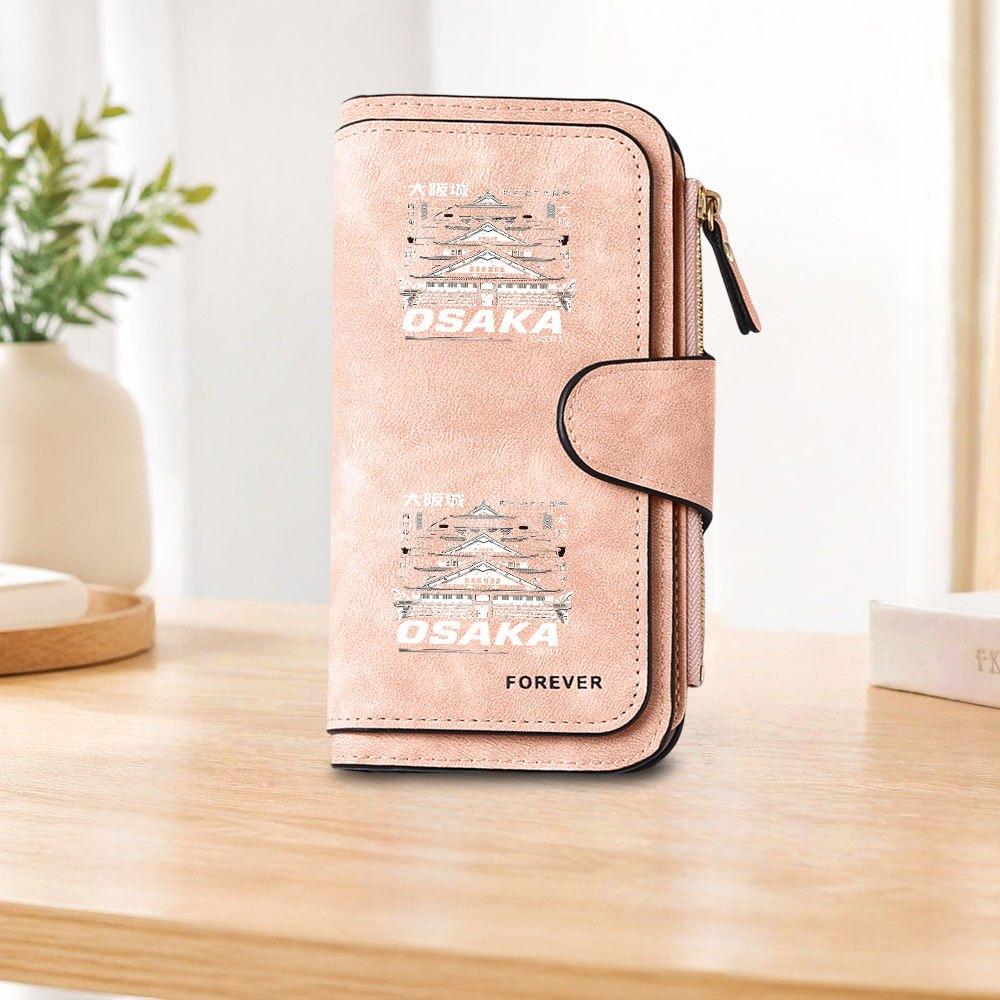 Unisex Japanese style ancient architecture pattern long zipper wallet large capacity card holder holder fashionable clutch bag multi functional coin
