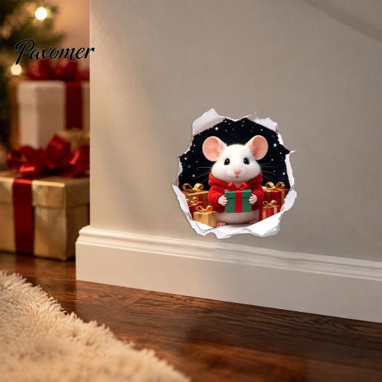 Durable Weatherproof Window Stickers 3D Hole Illusion Christmas Mouse Wall Sticker, Peel And Stick Waterproof PVC Holiday Home Decorations Decal