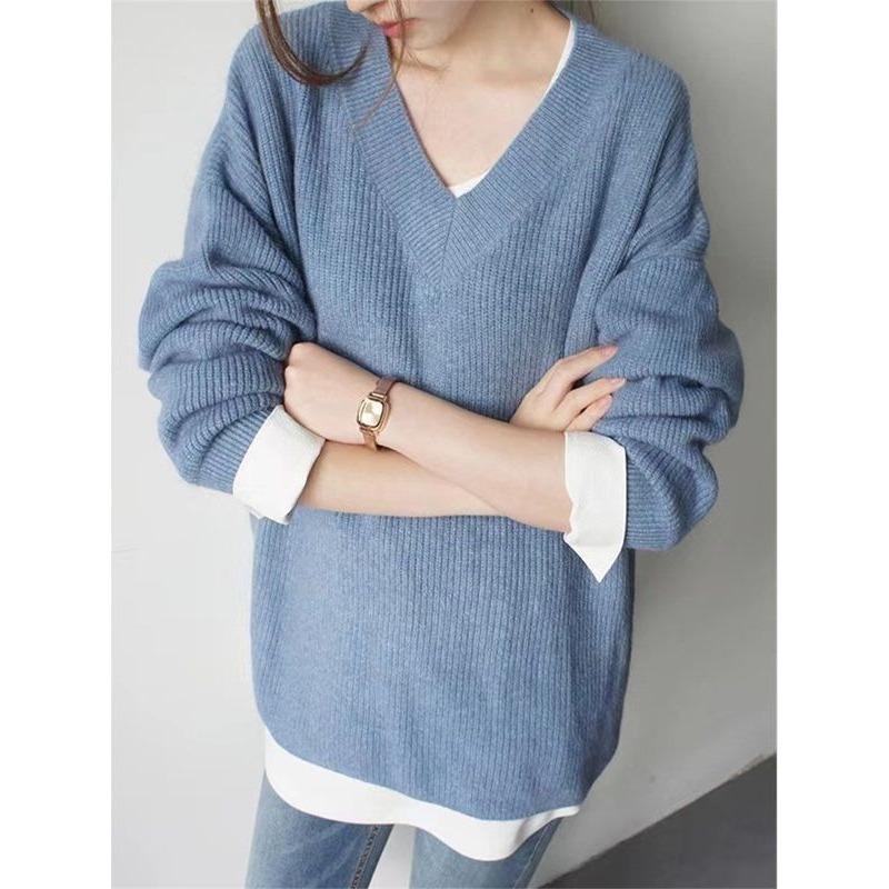 Loose and Lazy Wind V-neck Knitted Sweater Women's Autumn and Winter Thickened High-end Soft Waxy Sweater Bottoming Shirt Top