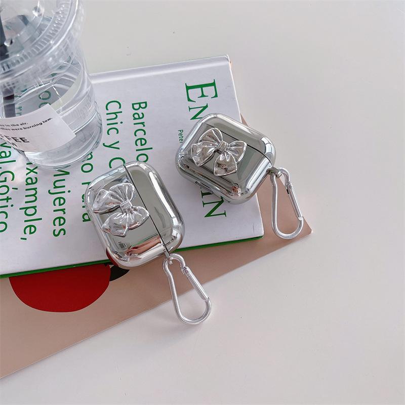Applicable Apple earphone case electroplated silver bow AirPods earphone case simple advanced sense cute