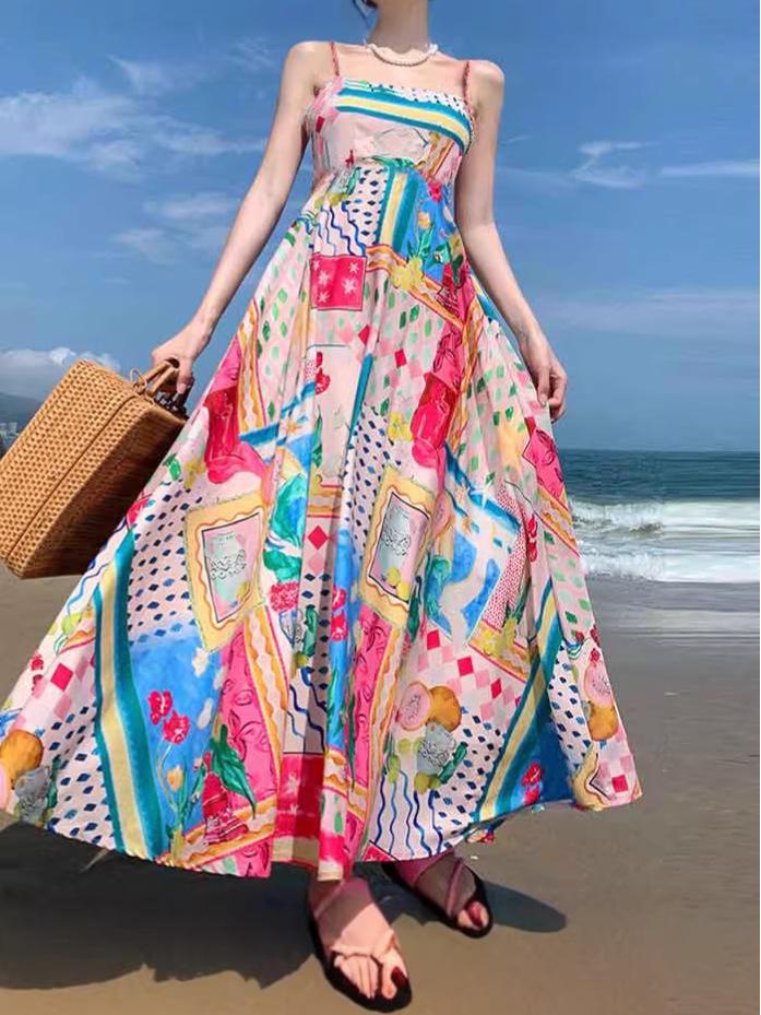 In Stock 2026: Graffiti Print Wide Hem Spaghetti Strap Dress for Women - Casual European & American Style