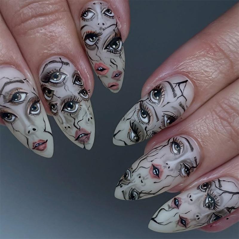 24PCS Halloween False Nails Horror Eye Expression Anime French Fake Nails for European Acrylic Wearable Ins Manicure with Design