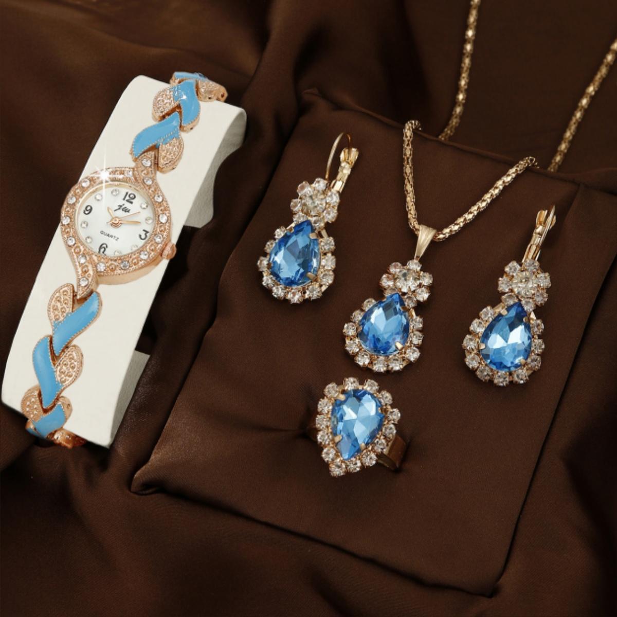 

Женские кварцевые часы со стразами, ожерелье, серьги, кольцо, наручные часы