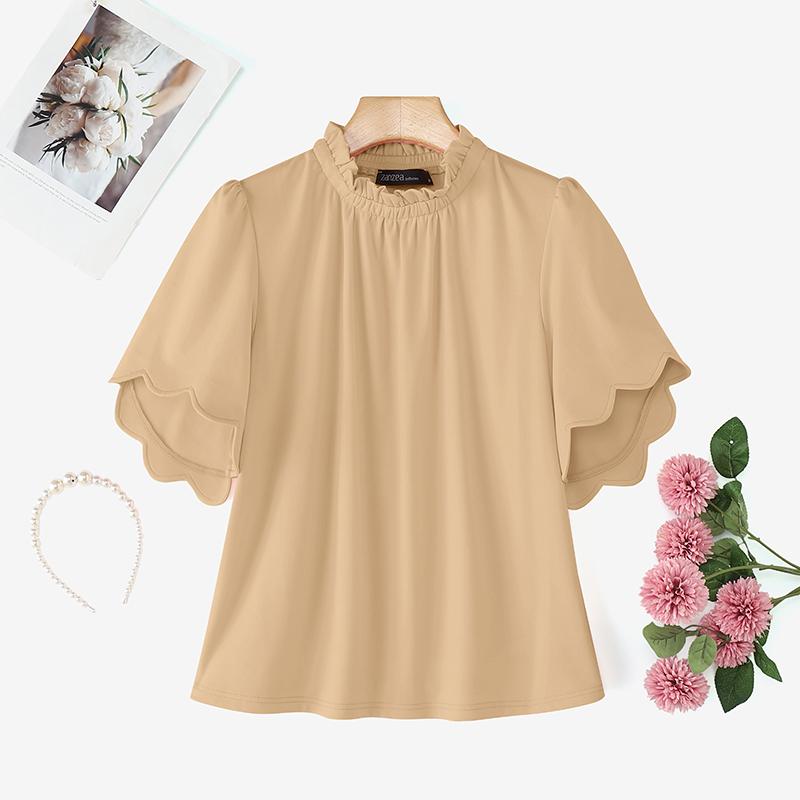 ZANZEA Camicetta da donna casual con colletto alla coreana, volant e maniche corte