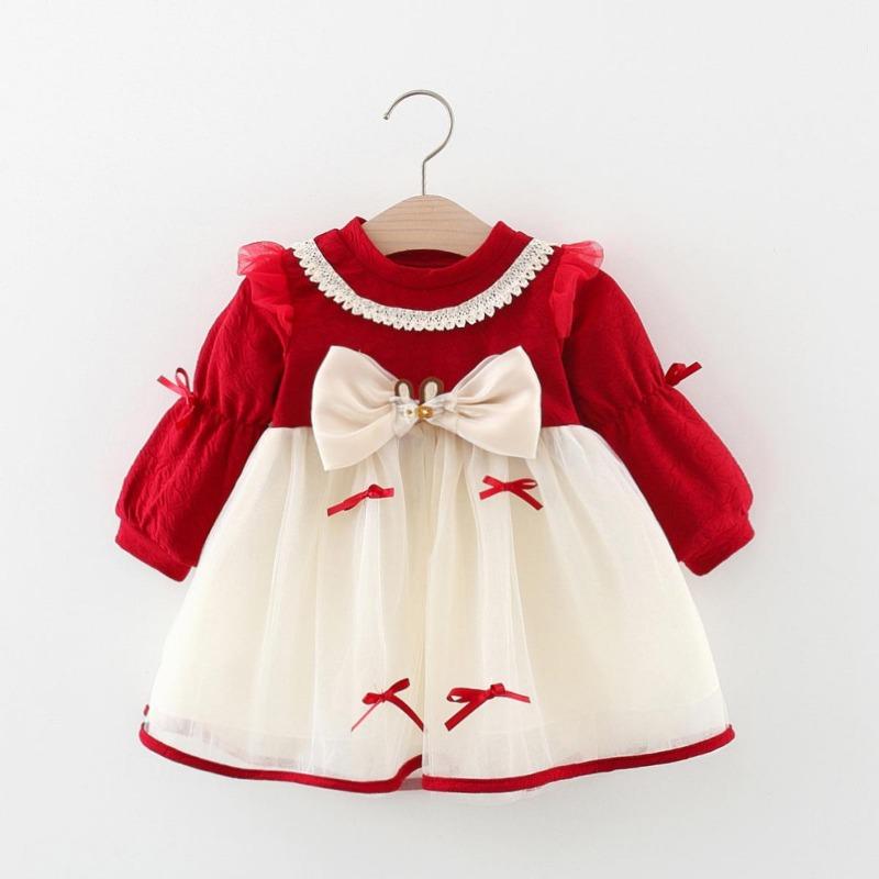 Baby Girls Dress Lolita Bow Patchwork Princess Dress Autumn Children's Dress