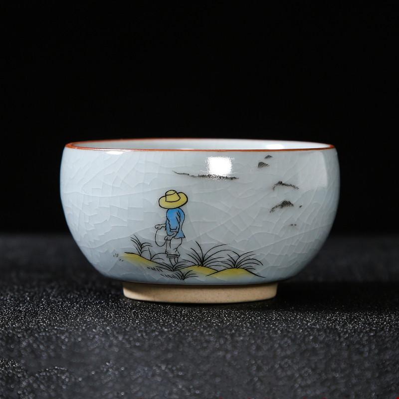 Boutique Ru Kiln Ceramic Teacup Hand Painted Flowers Meditation Cup Travel Tea Bowl Tie Guanyin Pu'er Master Cup Tea set Gifts