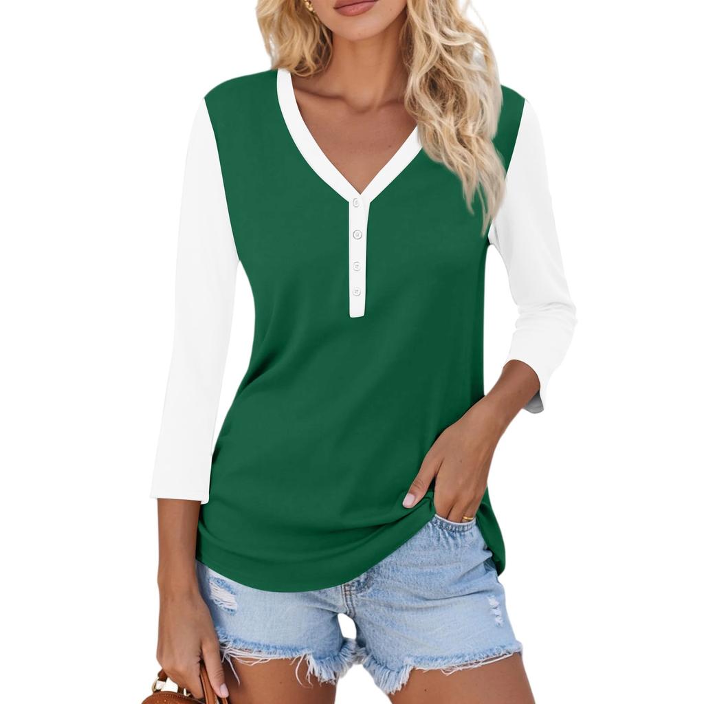 Women's Casual Fashion Sexy Comfortable V-neck Button Stitching Color Three-quarter Sleeve Top