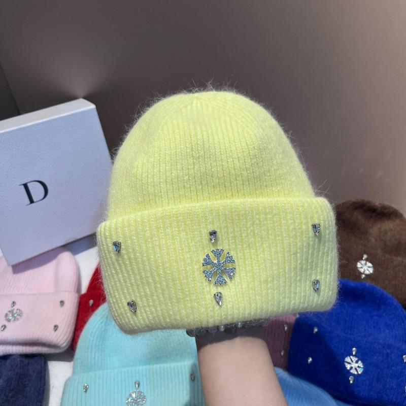 Winter Warm Knit Hat Rabbit Fur Faux Snowflake Rhinestone Earflap Beanie Fashionable Soft