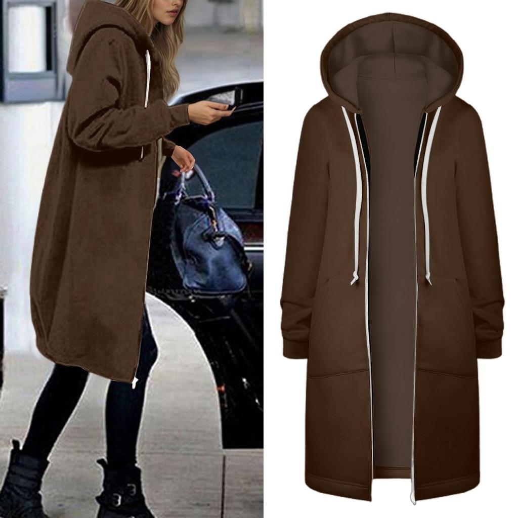 Women's Fashionable Solid Color Long Sleeved Pocket Long Hoodies Zipper Casual Coat Fall Jackets Sweatshirts Clothes