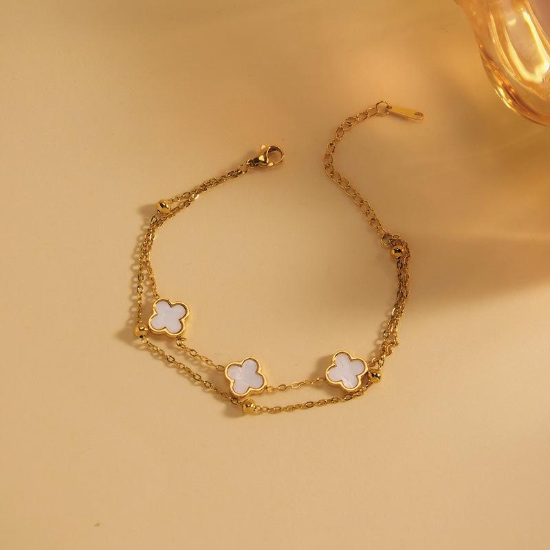 European & American Women's Four-Leaf Clover Gold Stainless Steel Double-Layer Beaded Bracelet