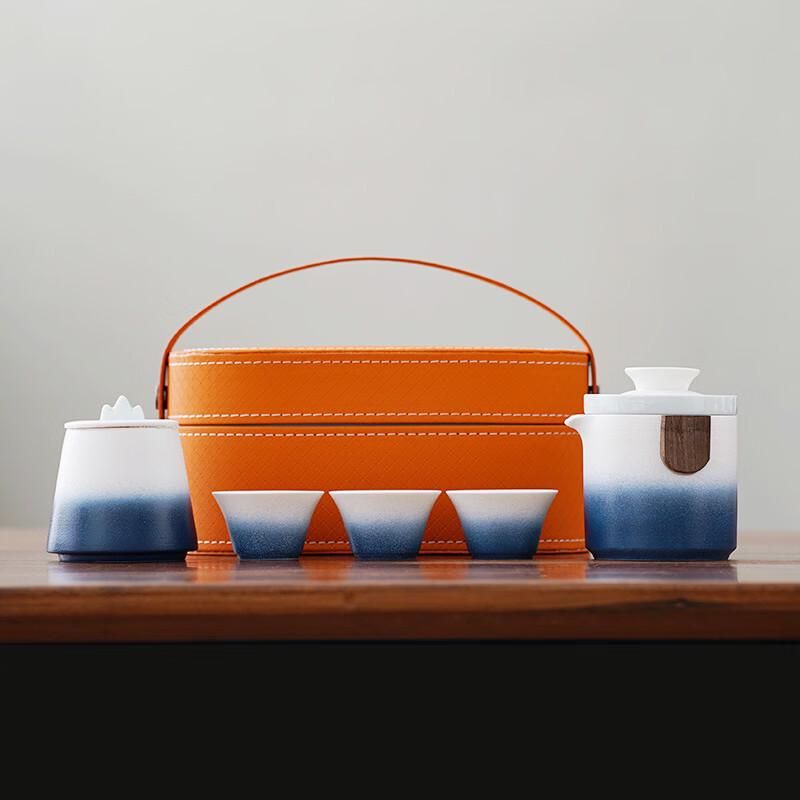 Portable Ceramic Travel Tea Set with Caddy One Pot, Three Cups, Caddy
