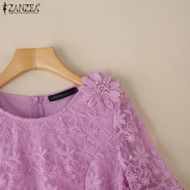 ZANZEA Kvinner Casual Rund Hals Halv Erme Bluse med Blonde Patchwork