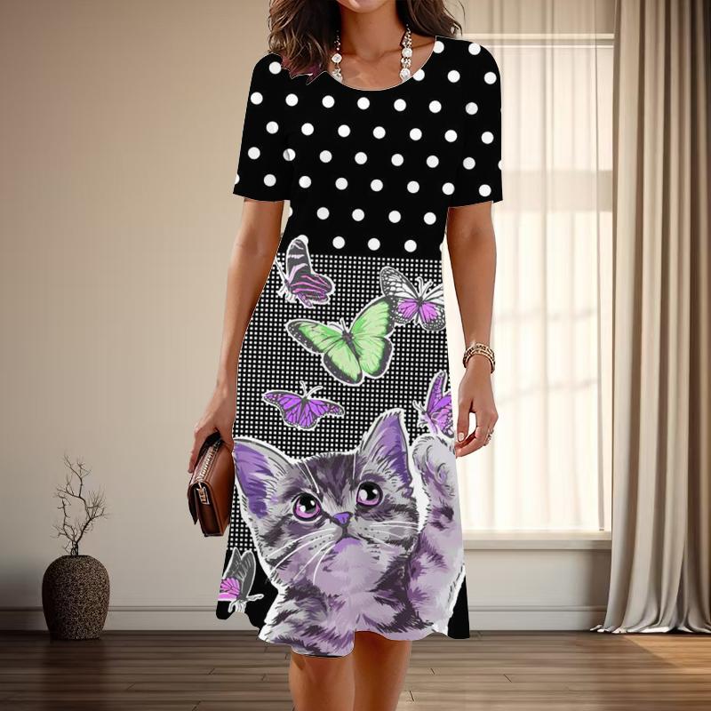 Women's Fashion Graceful Cute Cat Print Summer Spring Short Sleeve O-Neck Casual Dresses