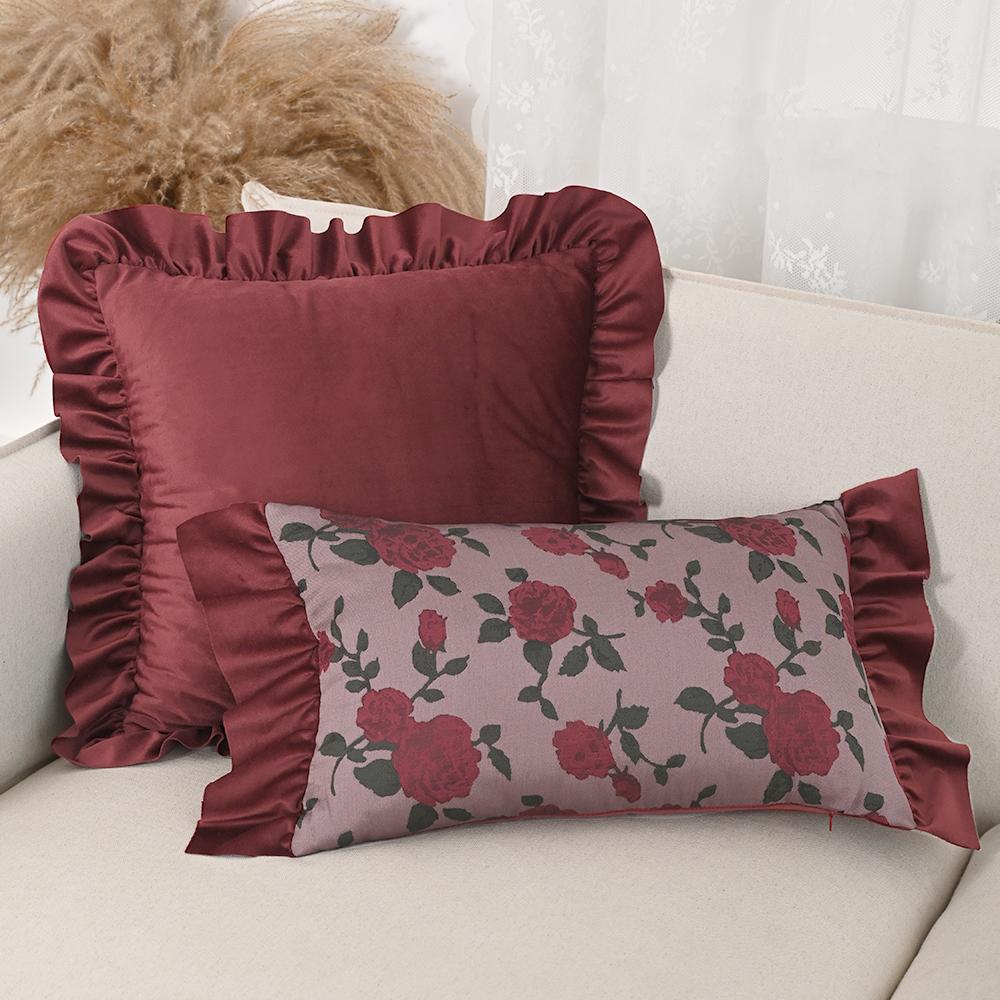 BUYNOW Red Rose Jacquard Hollandaise Lace Pillowcase Vintage Pastoral Living Room Sofa Cushion Cover Home Bedroom Saddle Decor
