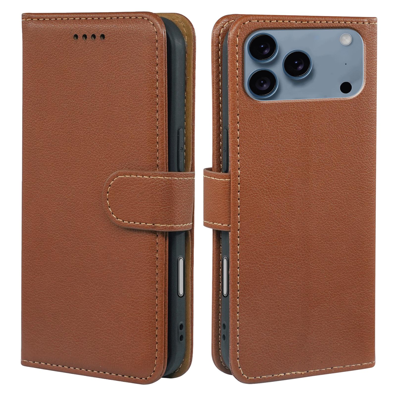 

For iPhone 17 Pro Max Case RFID Blocking Wallet Litchi Texture Leather Phone Cover Magnetic Clasp Brown