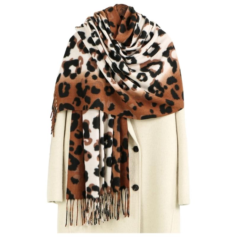 Leopard Print Fringe Cashmere Scarf Shawl For Women Soft Warm Winter Fashion Accessory Lightweight Warm Wrap