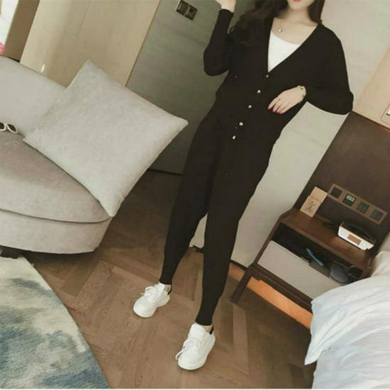 

Korean-Style Women s Trendy Button Print Pants Set with 3/4 Sleeve Top for Early Autumn 2XL