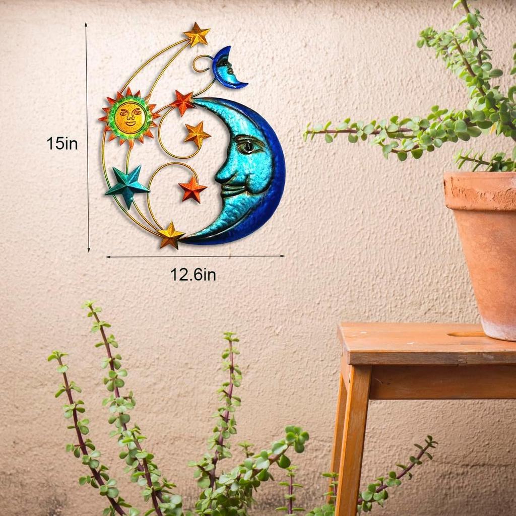 Metal Sun Outdoor Wall Art Decor, Large Size 17'' Sun Face Metal Wall Sculpture with Moon & Stars for Home Wall Decoration Living Room, Bedroom,