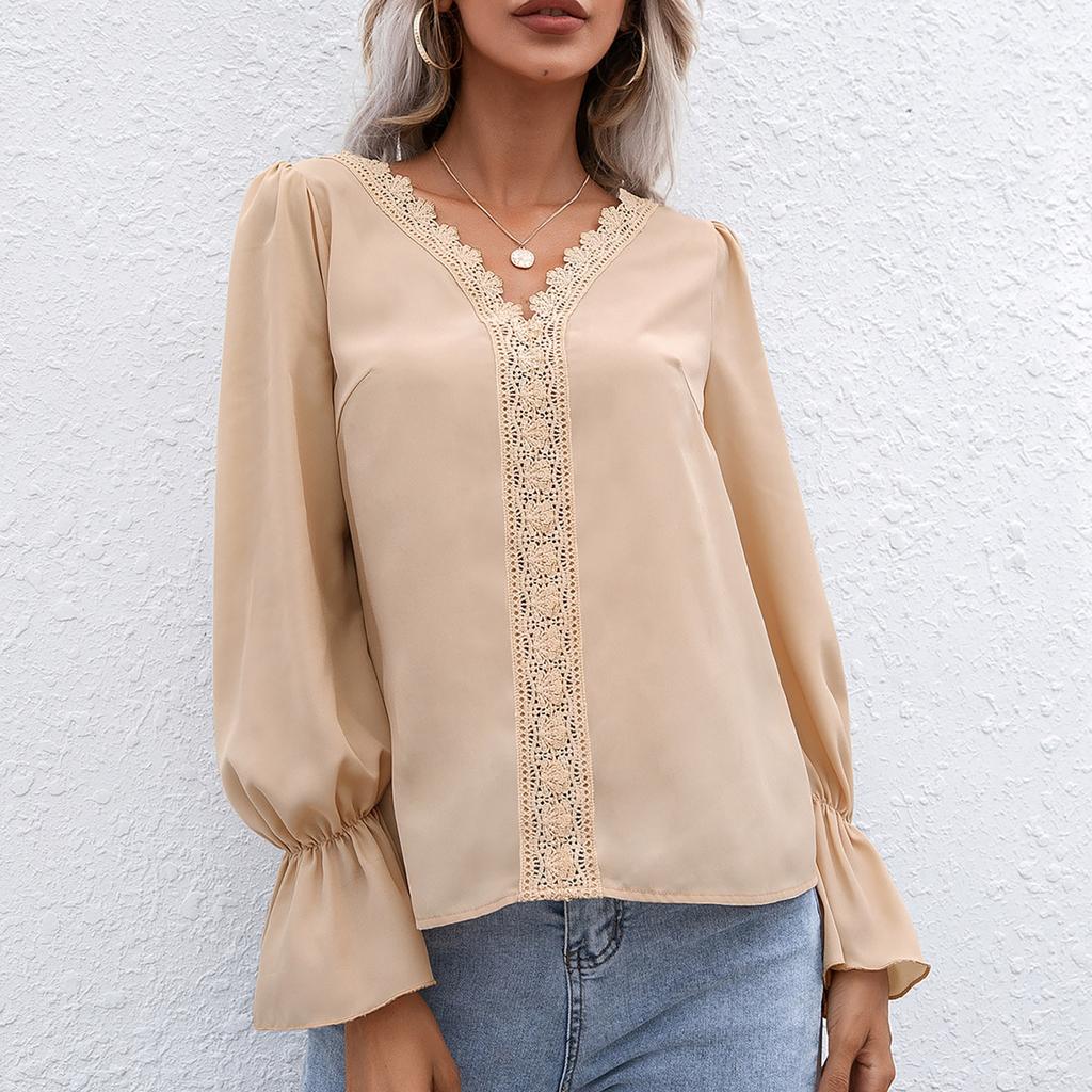 Womens Fashion  V-neck Long Sleeve Flared Sleeves  Lace Base Shirt Blouse Tops