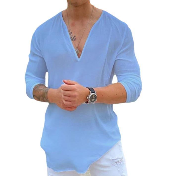 2025 European & American Men's V-neck Casual Solid T-shirt Fashion Trend