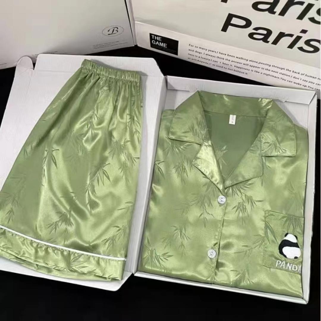 

Женские пижамные комплекты из искусственного шелка, летняя одежда для сна с вышивкой в виде панды, симпатичные женские ночные рубашки, костюм, топ, шорты, ночная рубашка, домашняя одежда XXL