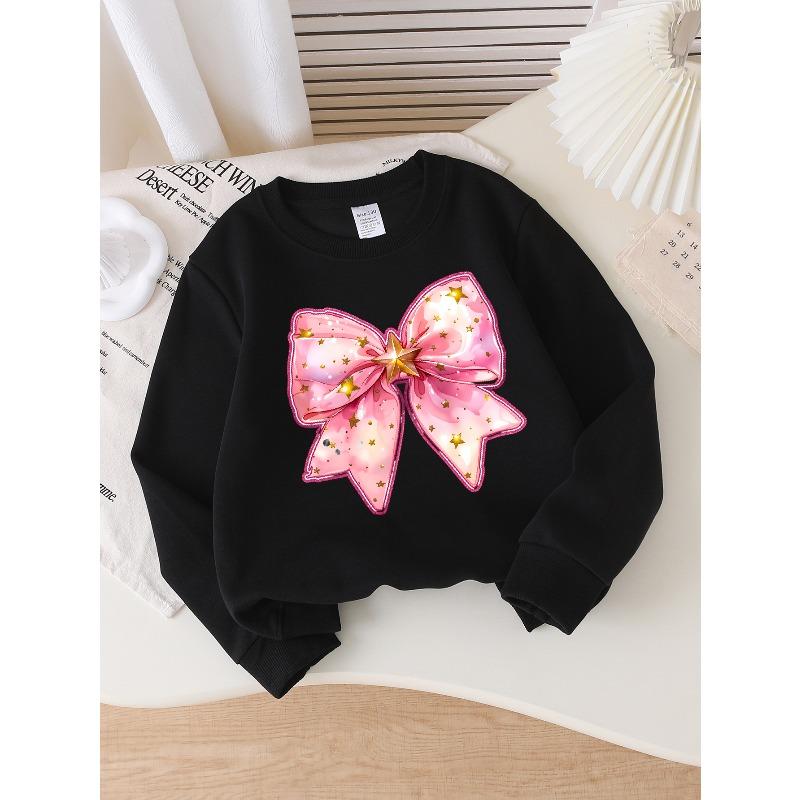 Kids Sweatshirt Crewneck Sweatshirt Pink Bow with Golden Stars Pattern Machine Washable, Spring And Autumn, Sportswear And Casual Wear