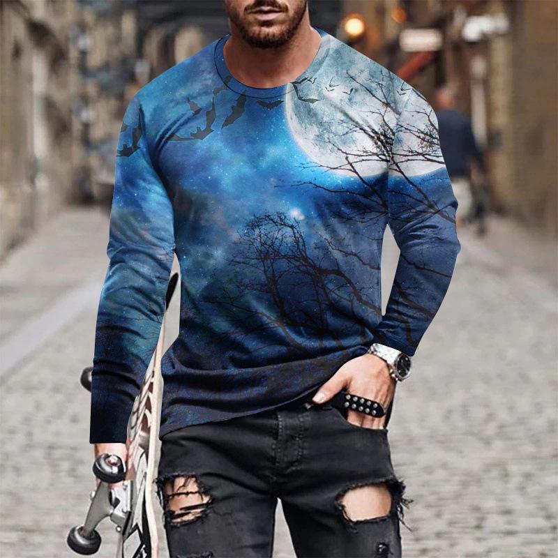 Fashionable 3D Printed Men's Casual Round Neck Long Sleeved T-shirt