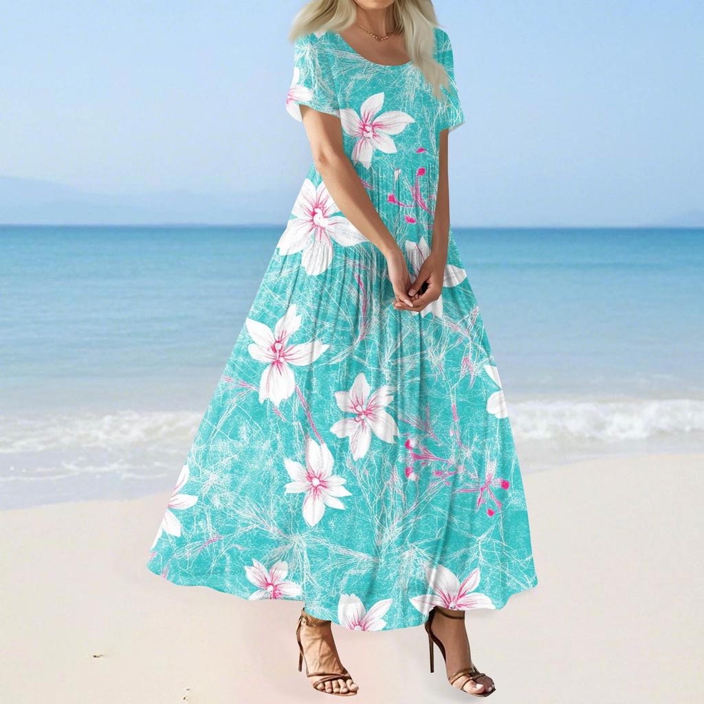 Damen Sommer Casual Blumendruck Kurzarm O-Ausschnitt Hohe Taille A-Linie Stufen Fließendes Boho Maxikleid