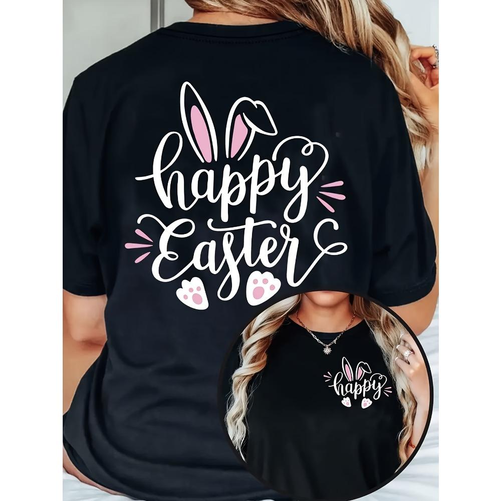 

Women Cotton Short Sleeves T-shirts Happy Easter Women s Tee Bunny Ears Paw Print Graphic Casual Black Top S