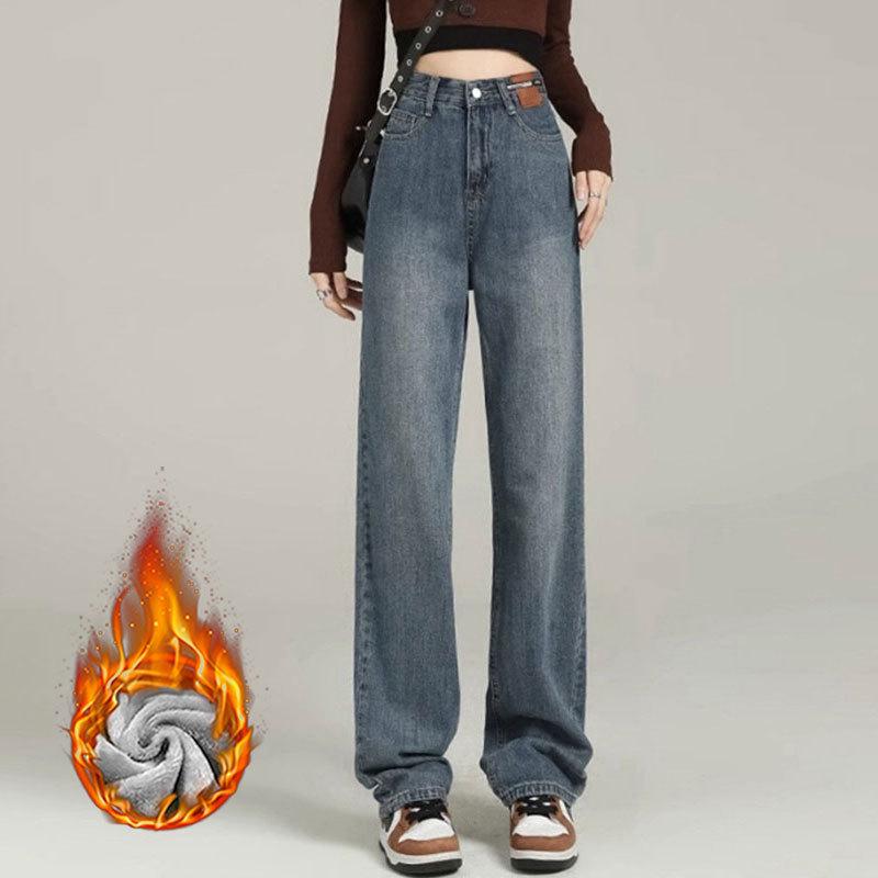 

High-Waisted Black Wide-Leg Jeans with Velvet Lining - Women’s Loose-Fit Winter Trousers XL