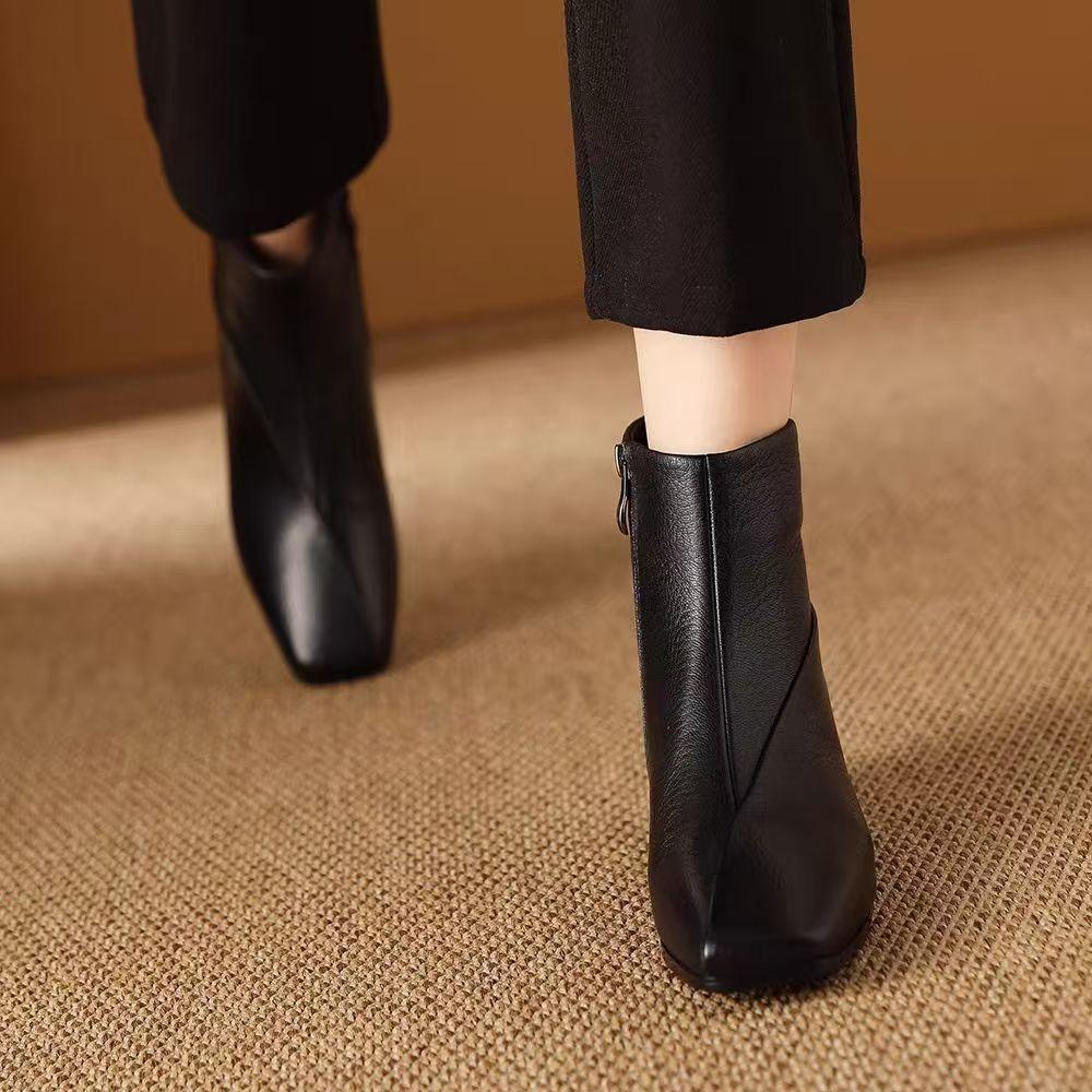 Женские ботильоны из натуральной кожи с квадратным носком на массивном блочном каблуке с боковой молнией ботильоны до середины икры модная повседневная зимняя обувь 34EUCN35 чёрный 2360₽