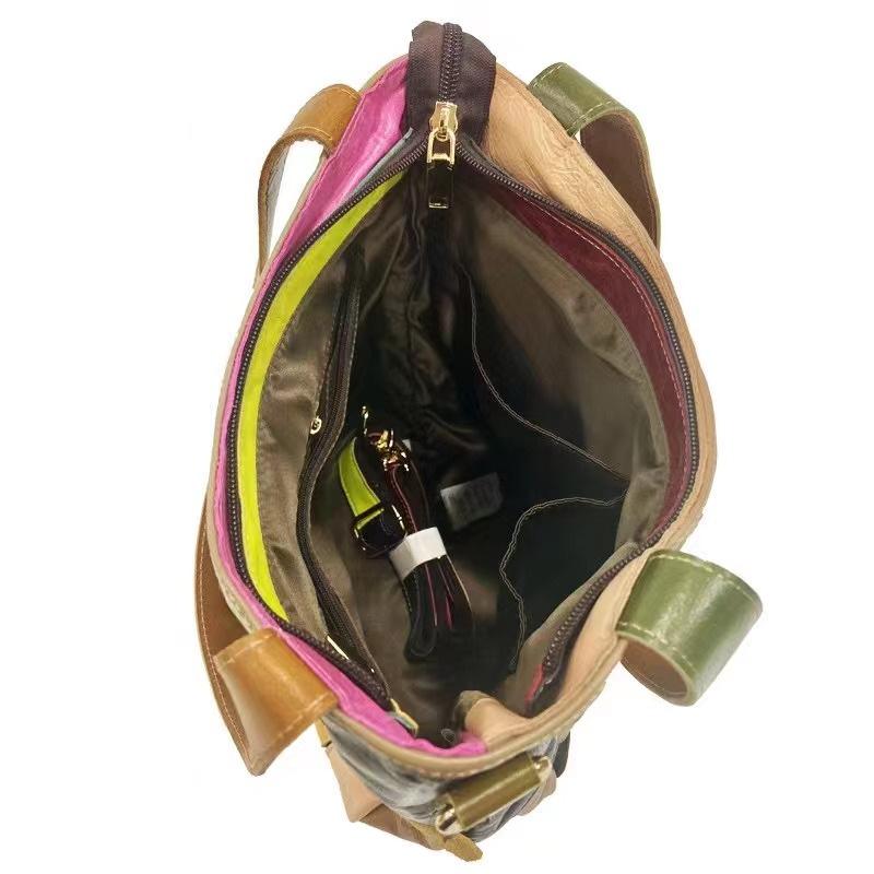 Tide Bag Women'S Square Bag Splicing Letters Contrasting Color Cowhide Color Shoulder Bag High Bag