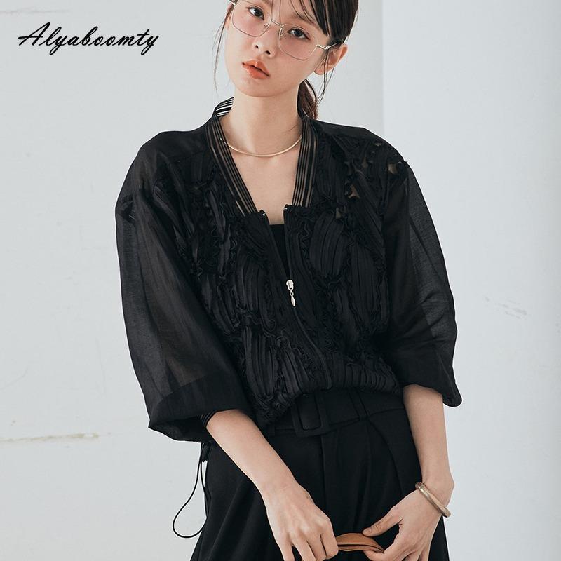 

Korean Fashion Spring Summer Women See-Through Cardigan V Neck Embroidery White Black Thin Jacket Elegant Feminine Outerwear ONE SIZE чорний