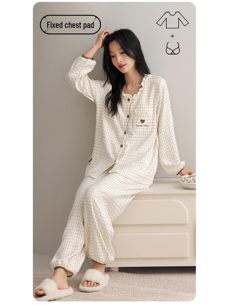 Women's Long-Sleeve Round Neck Pajama Set with Bra Pads, Wearable Outside, Cloud Cotton Loungewear