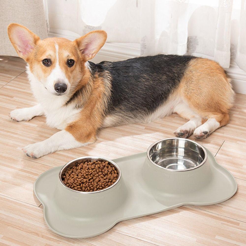 

Anti Spill Pet Bowl Pad Stainless Steel Cat Feeding Double Bowls Pet Drinking Feeder Kitten Puppy S сірий
